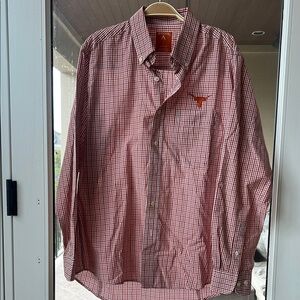 Men’s TEXAS LONGHORN ANTIGUA burnt orange check WOVEN TRI-blend LS button down
🤘